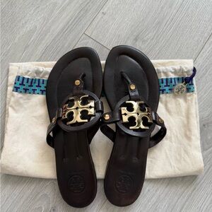 Tory Burch Dark Brown Sandals with Gold Emblem